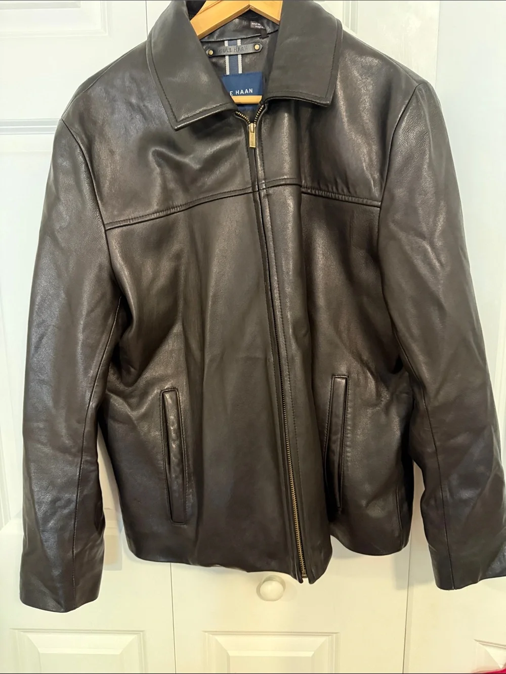 Cole Haan Men's Dark Brown Leather Zip-Up Bomber Jacket